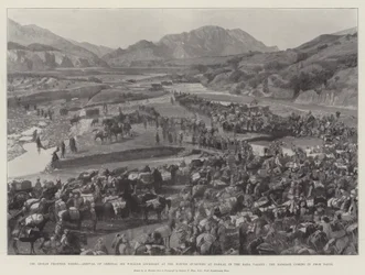 La rivolta della frontiera indiana, arrivo del generale Sir William Lockhart ai quartieri invernali a Barkai, nella valle di Bara, il bagaglio arriva da Datoi